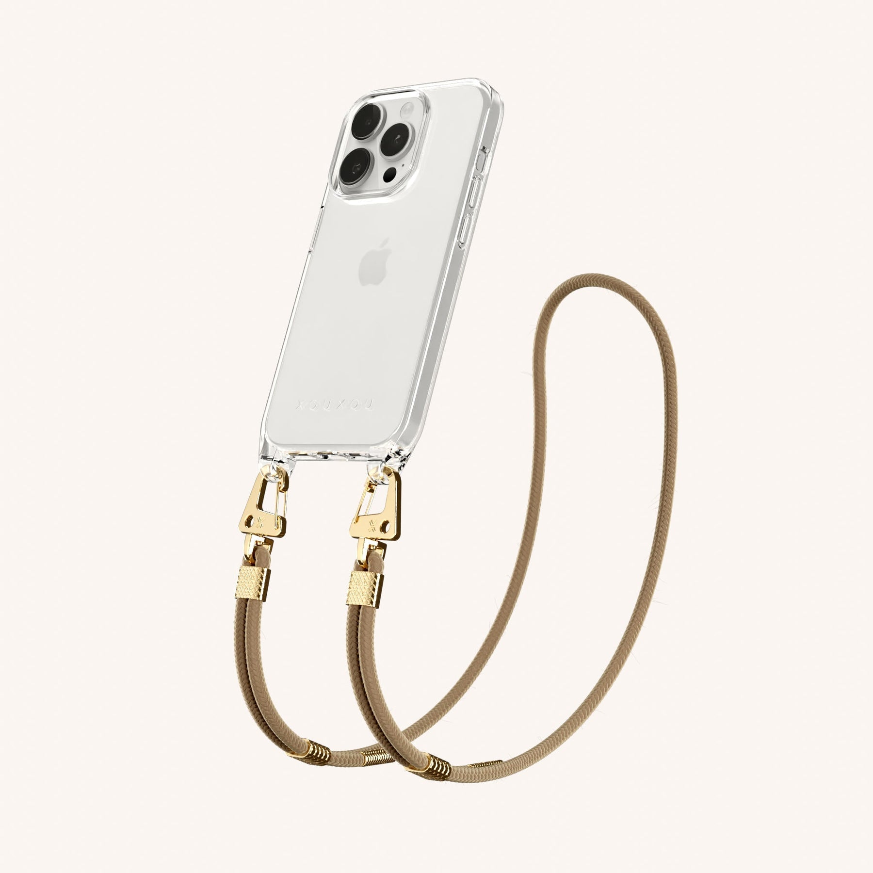 Phone Necklace with Carabiner Rope in Clear + Taupe