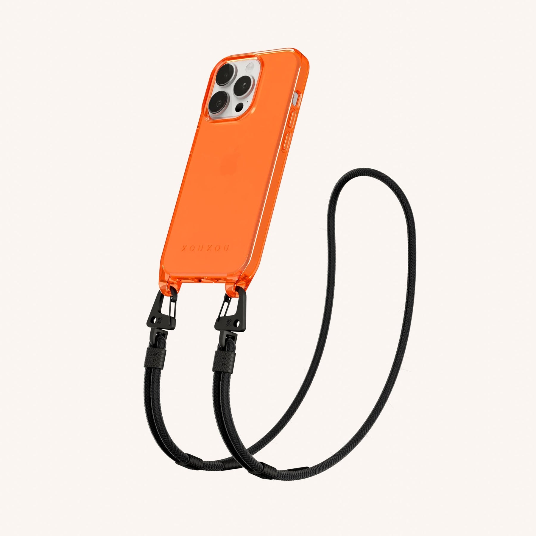 Phone Necklace with Carabiner Rope in Neon Orange Clear + Black