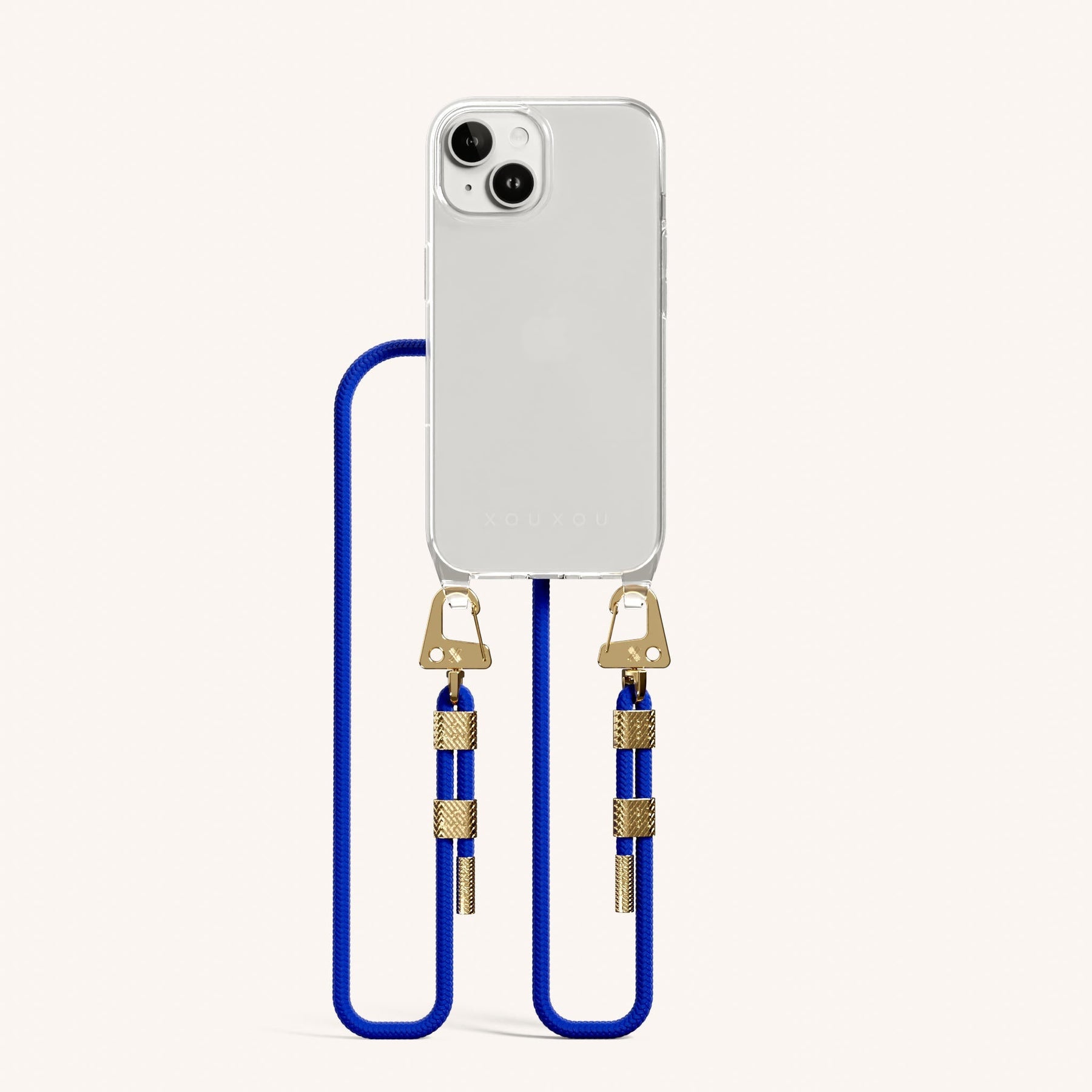 Phone Necklace with Carabiner Rope in Clear + Blue