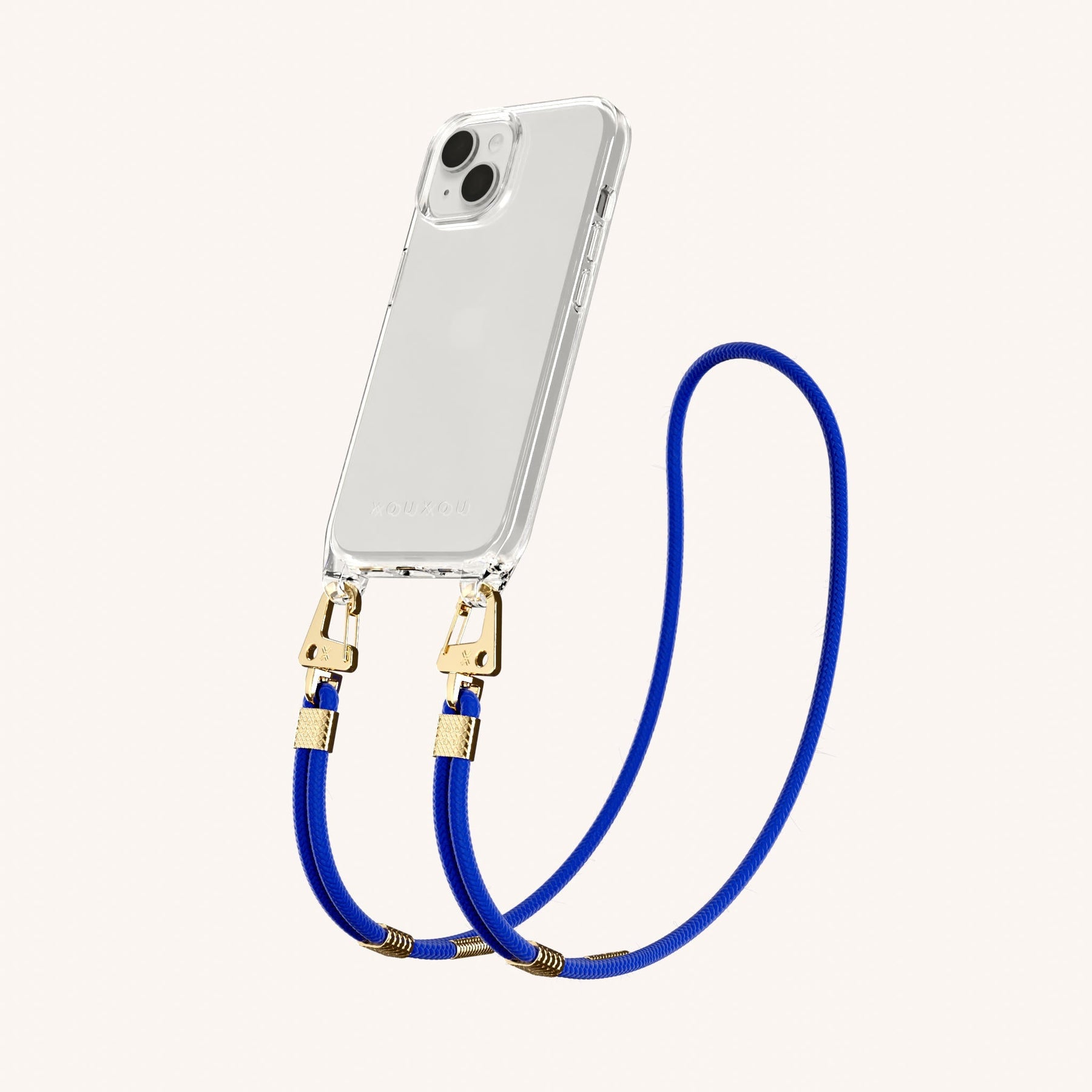 Phone Necklace with Carabiner Rope in Clear + Blue