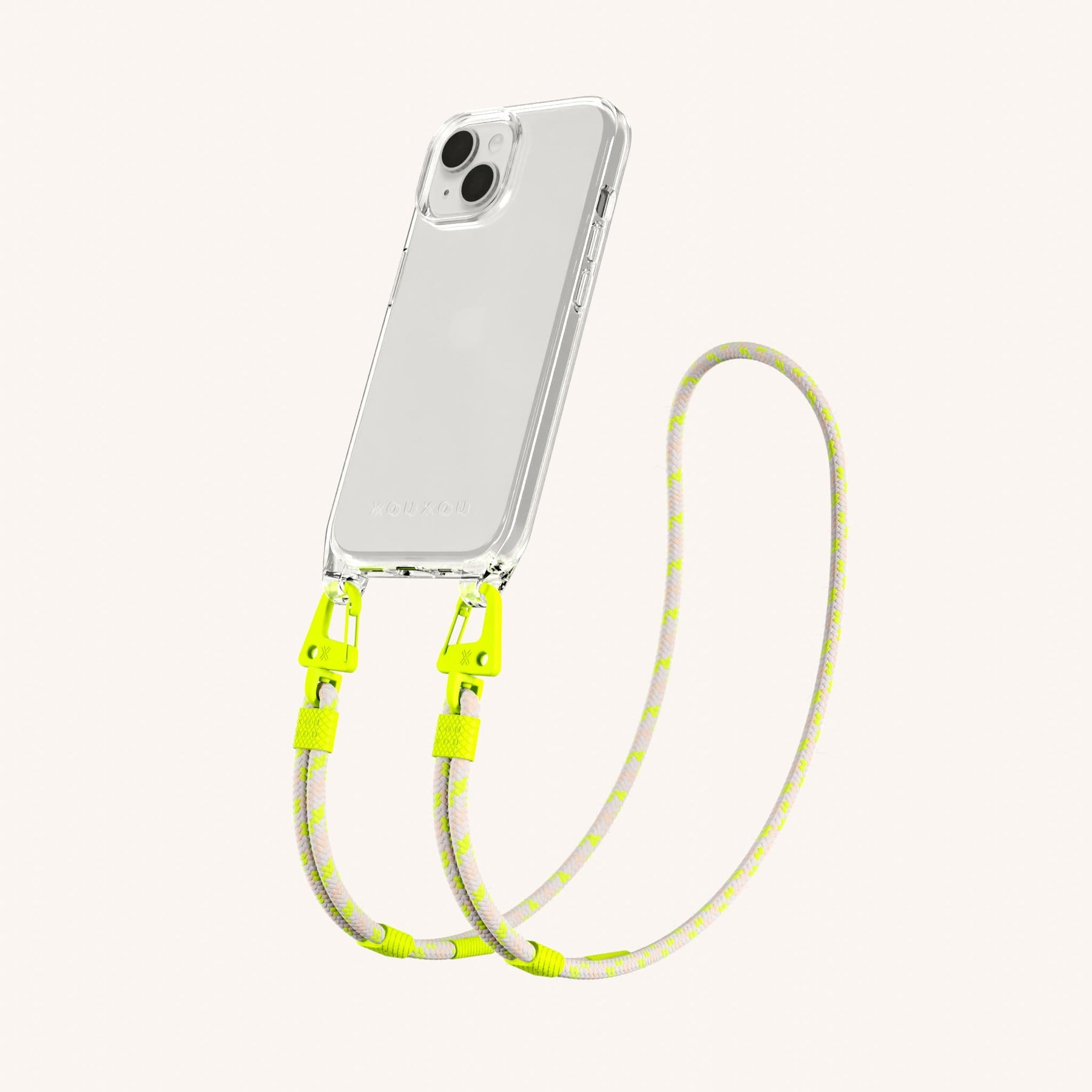 Phone Necklace with Carabiner Rope in Clear + Neon Camouflage