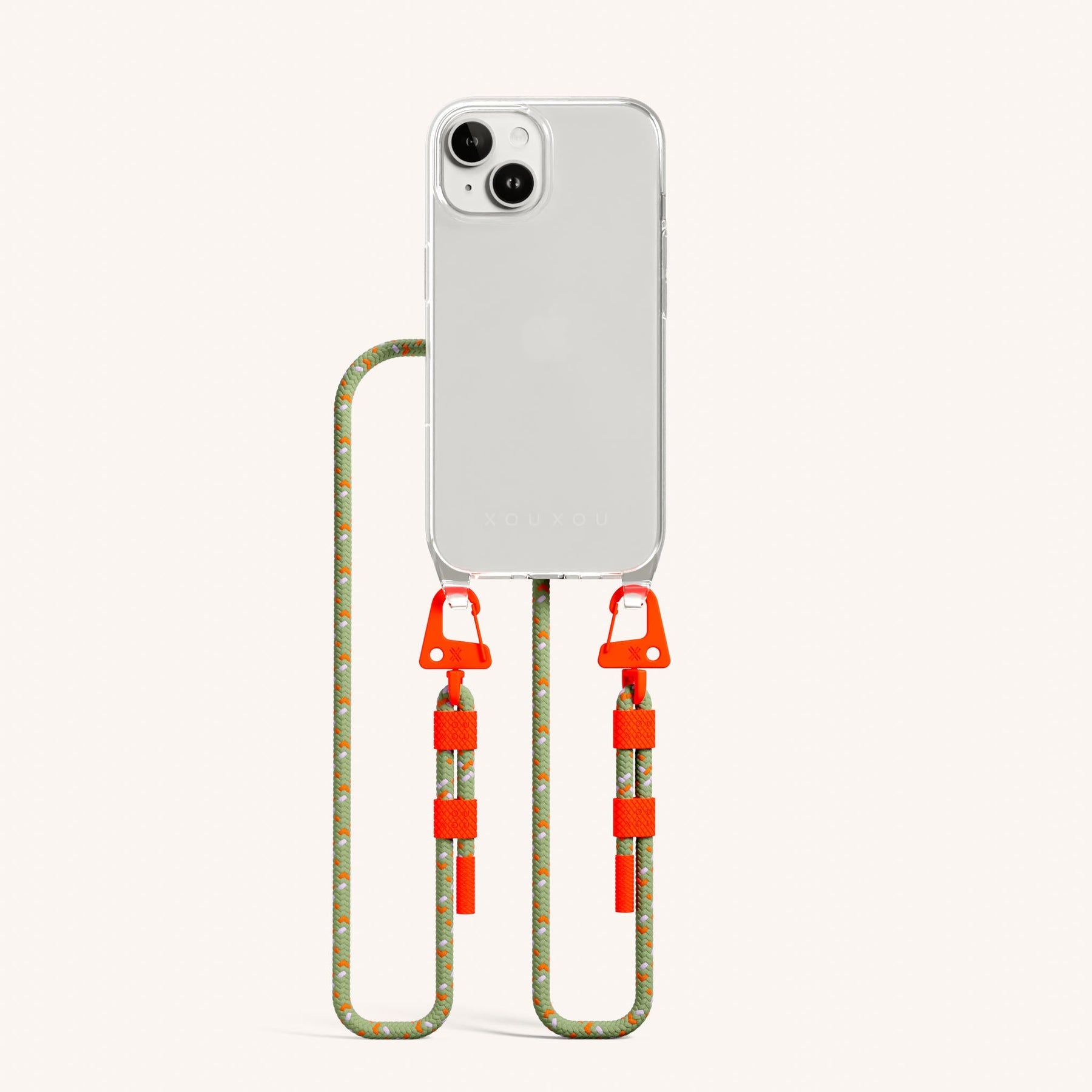 Phone Necklace with Carabiner Rope in Clear + Orange Camouflage