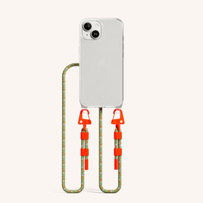 Phone Necklace with Carabiner Rope in Clear + Orange Camouflage
