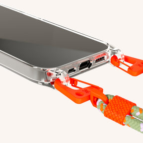 Phone Necklace with Carabiner Rope in Clear + Orange Camouflage