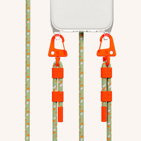 Phone Necklace with Carabiner Rope in Clear + Orange Camouflage