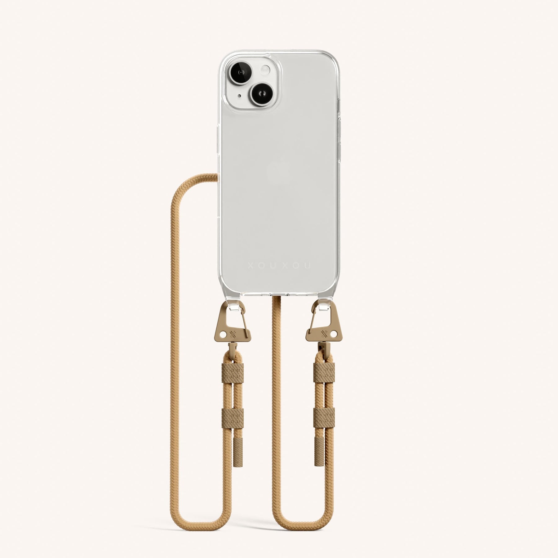 Phone Necklace with Carabiner Rope in Clear + Sand