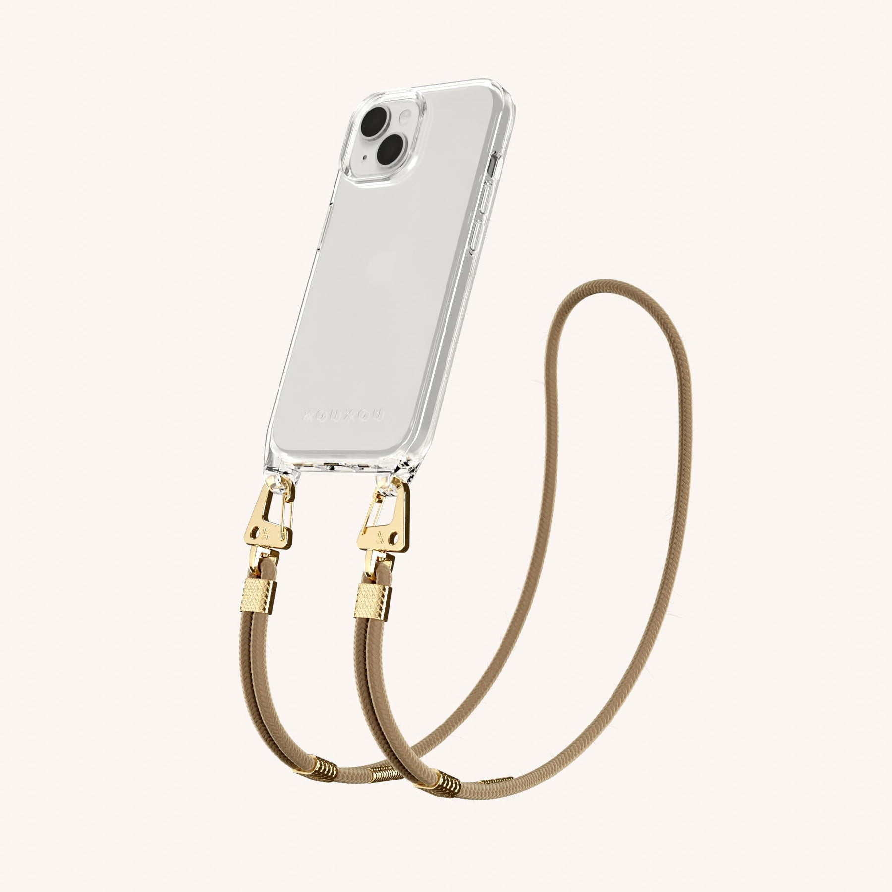 Phone Necklace with Carabiner Rope in Clear + Taupe