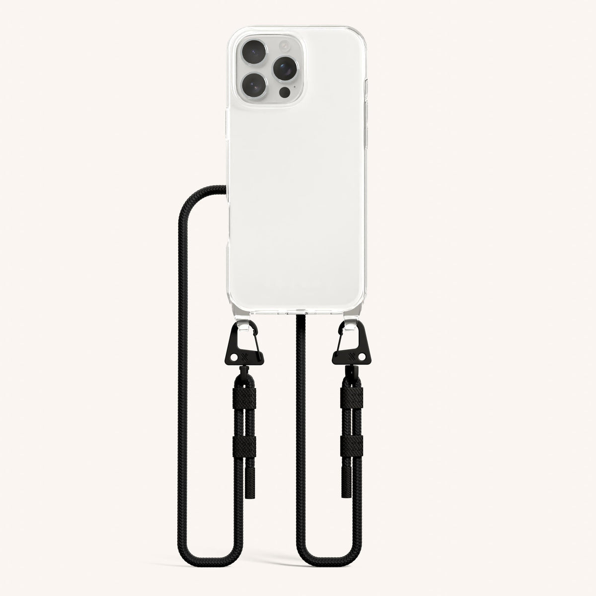 Phone Necklace with Carabiner Rope for iPhone 16 Pro Max without MagSafe in Clear and Black Total View | XOUXOU #phone model_iphone 16 pro max