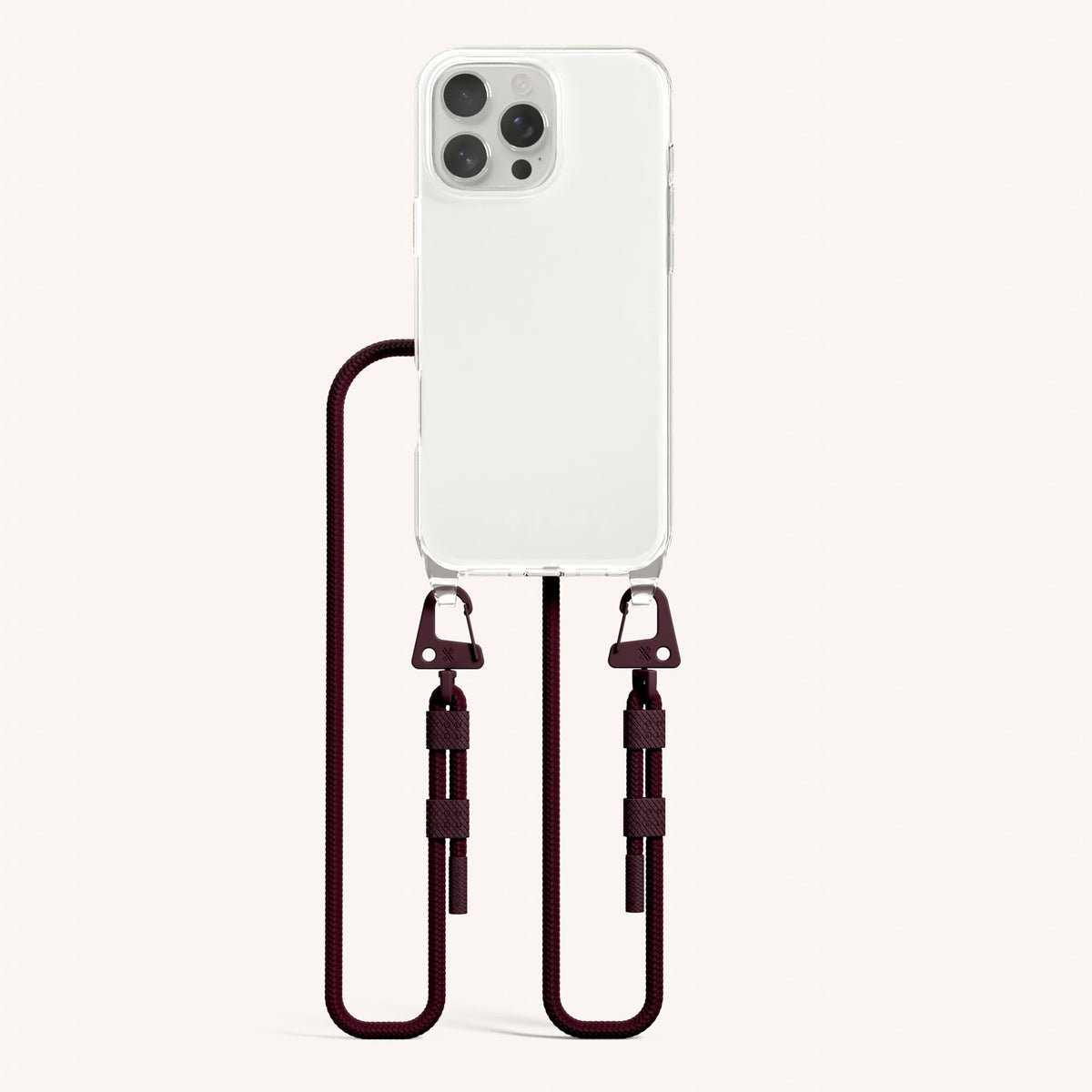 Phone Necklace with Carabiner Rope for iPhone 16 Pro Max without MagSafe in Clear and Burgundy Total View | XOUXOU #phone model_iphone 16 pro max