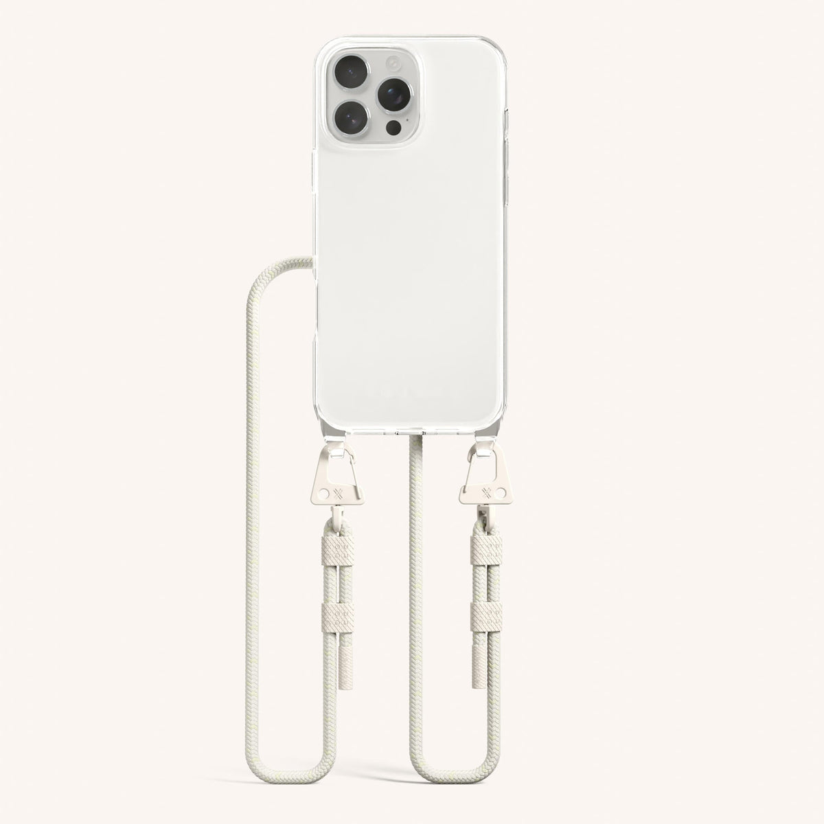 Phone Necklace with Carabiner Rope for iPhone 16 Pro Max without MagSafe in Clear and Chalk Total View | XOUXOU #phone model_iphone 16 pro max