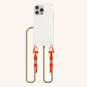 Phone Necklace with Carabiner Rope in Clear + Orange Camouflage