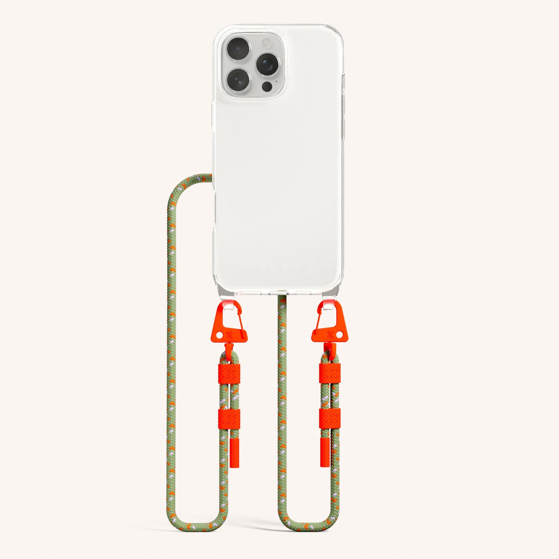 Phone Necklace with Carabiner Rope in Clear + Orange Camouflage