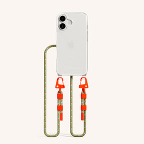 Phone Necklace with Carabiner Rope in Clear + Orange Camouflage