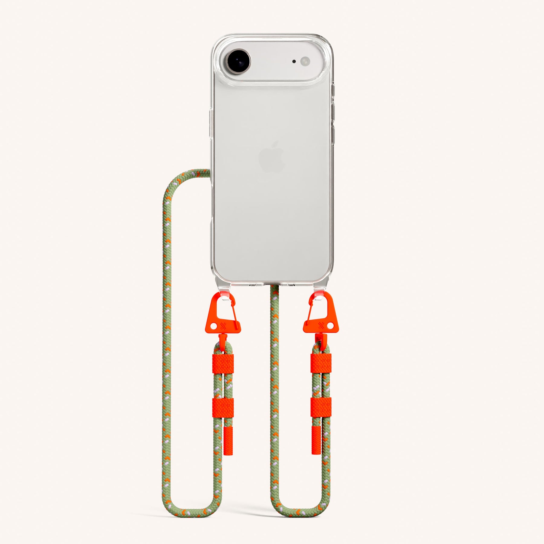 Phone Necklace with Carabiner Rope in Clear + Orange Camouflage