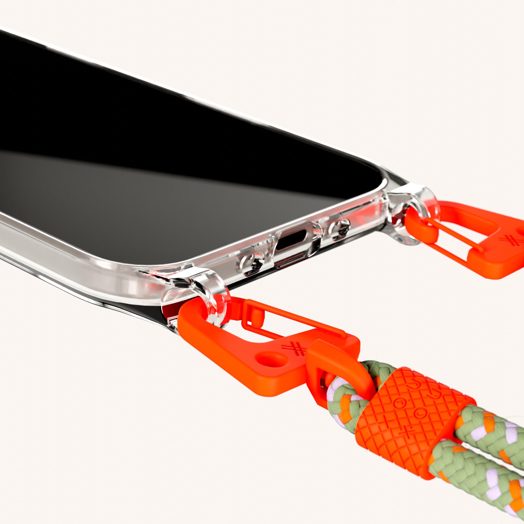 Phone Necklace with Carabiner Rope in Clear + Orange Camouflage