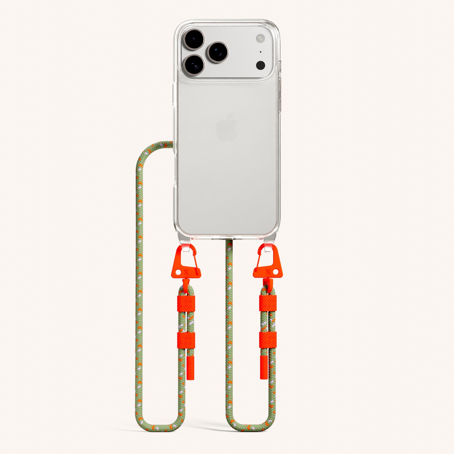 Phone Necklace with Carabiner Rope in Clear + Orange Camouflage