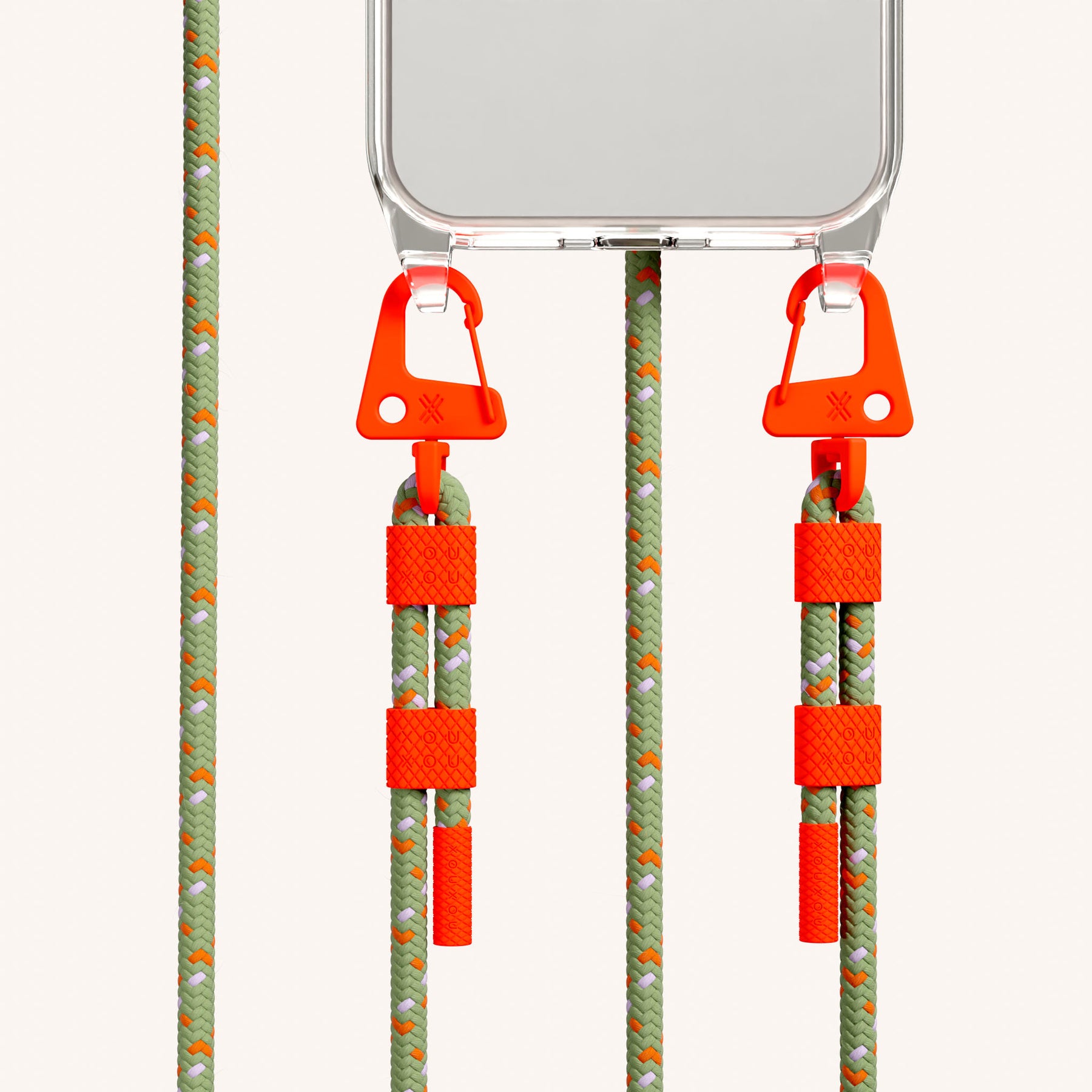 Phone Necklace with Carabiner Rope in Clear + Orange Camouflage