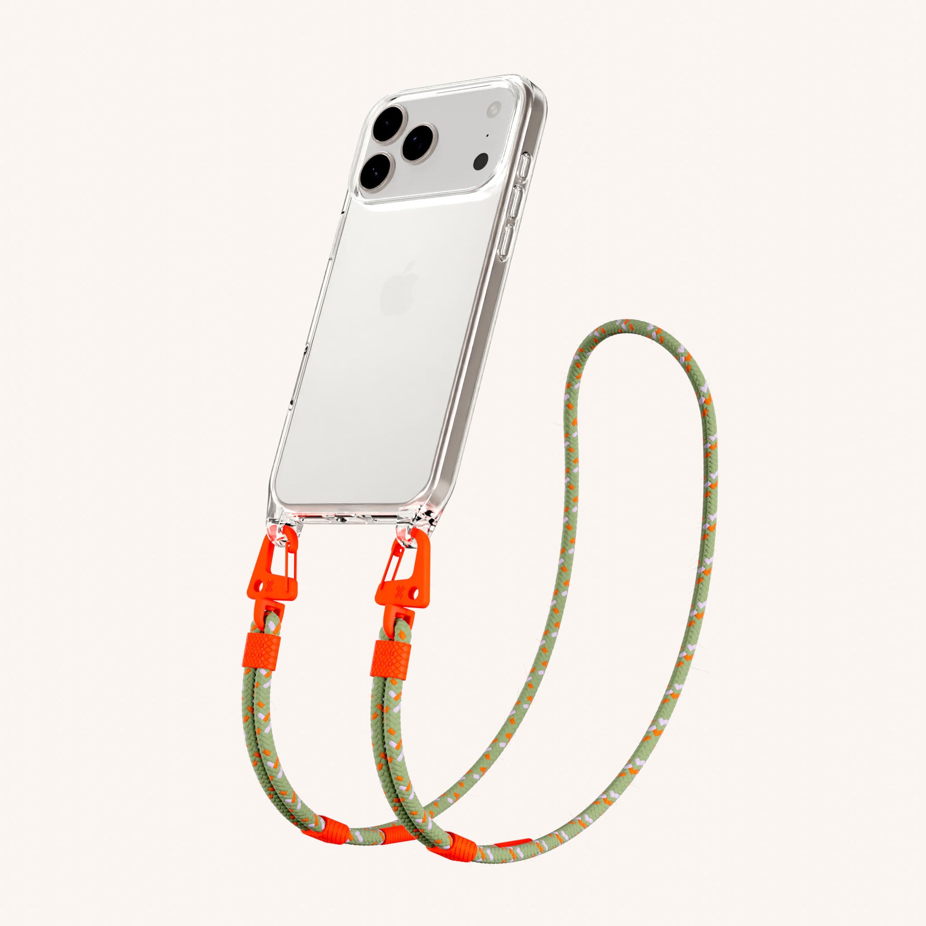 Phone Necklace with Carabiner Rope in Clear + Orange Camouflage