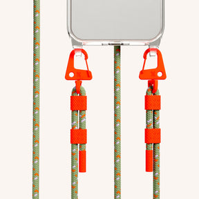 Phone Necklace with Carabiner Rope in Clear + Orange Camouflage