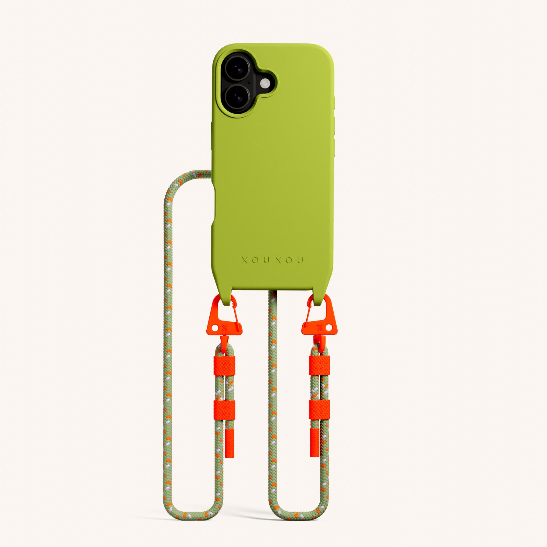 Phone Necklace with Carabiner Rope in Olive + Orange Camouflage