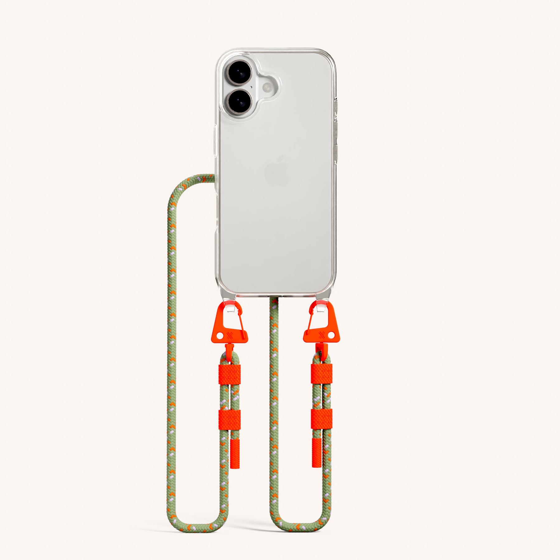 Phone Necklace with Carabiner Rope in Clear + Orange Camouflage