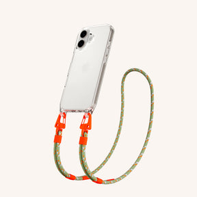 Phone Necklace with Carabiner Rope in Clear + Orange Camouflage