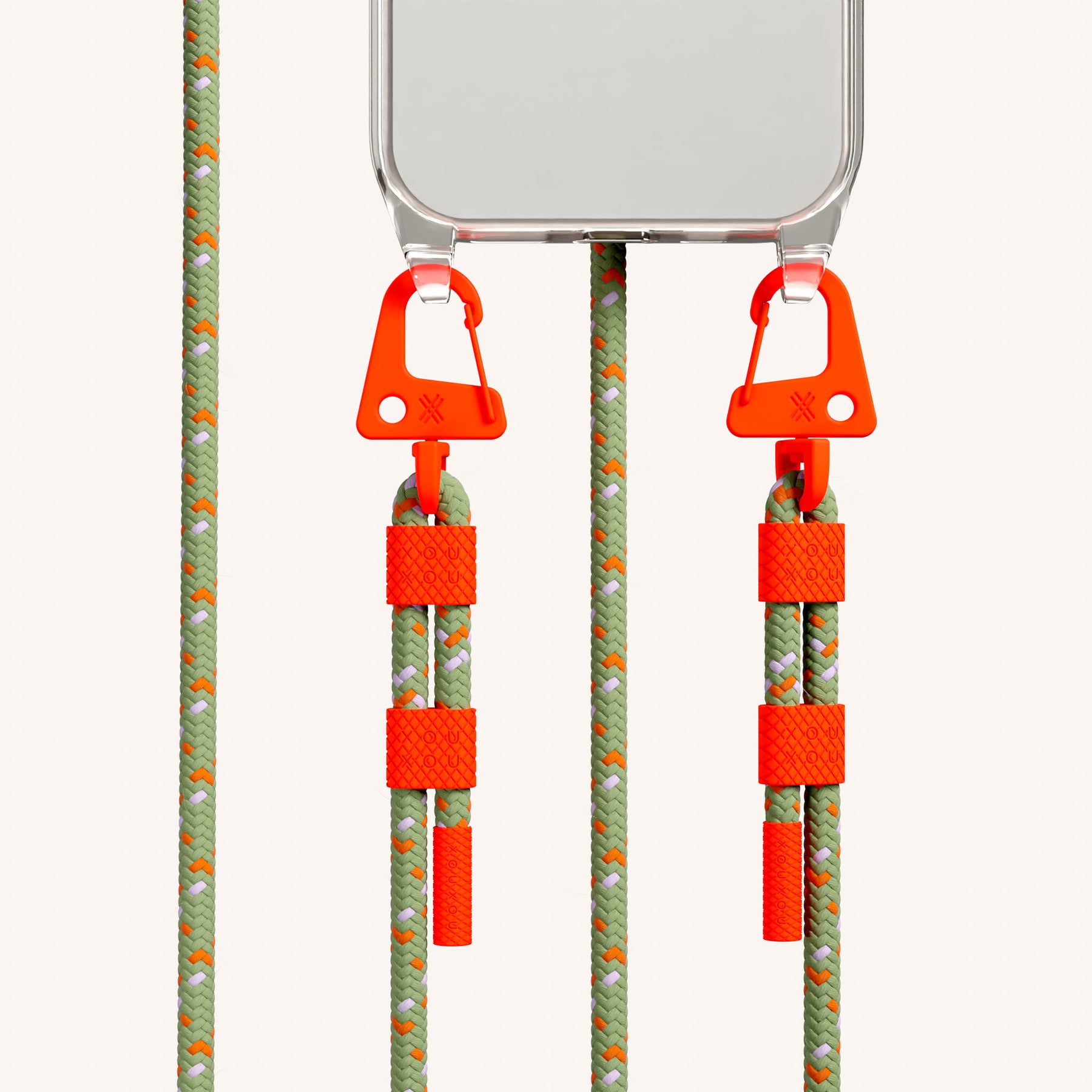 Phone Necklace with Carabiner Rope in Clear + Orange Camouflage