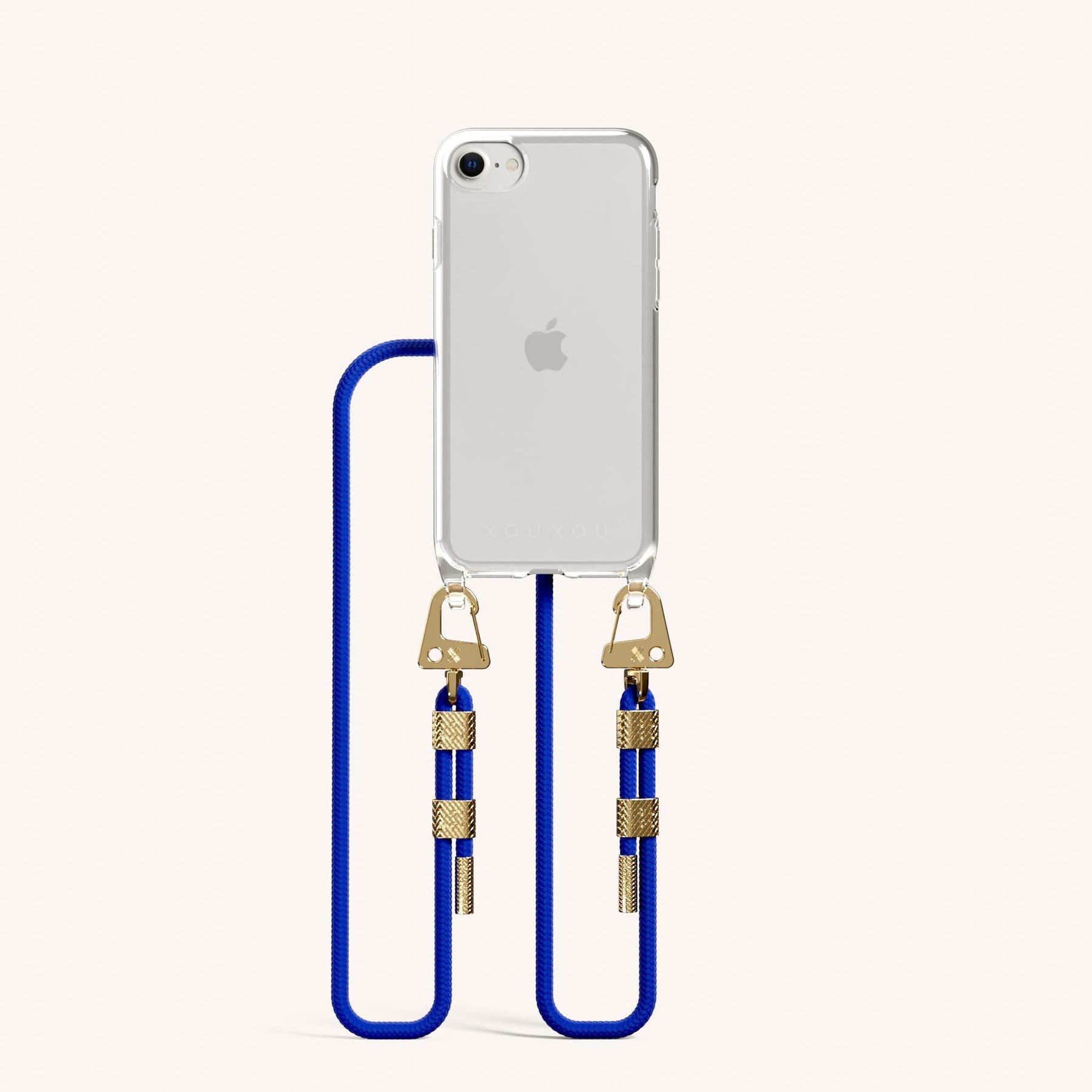 Phone Necklace with Carabiner Rope in Clear + Blue