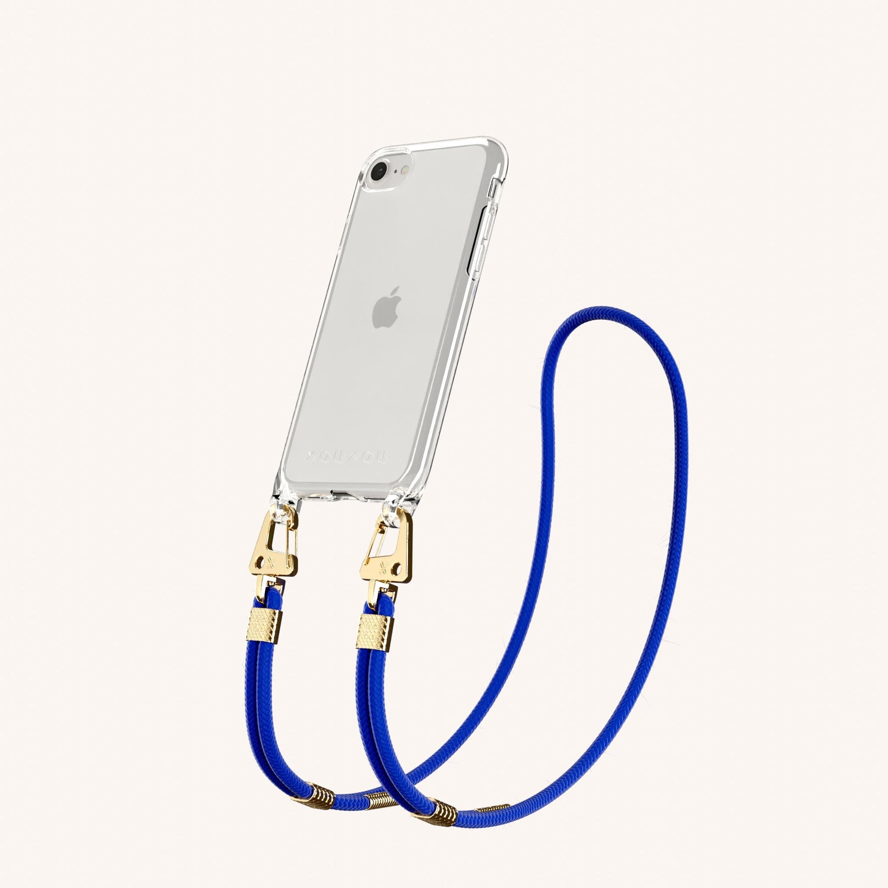 Phone Necklace with Carabiner Rope in Clear + Blue