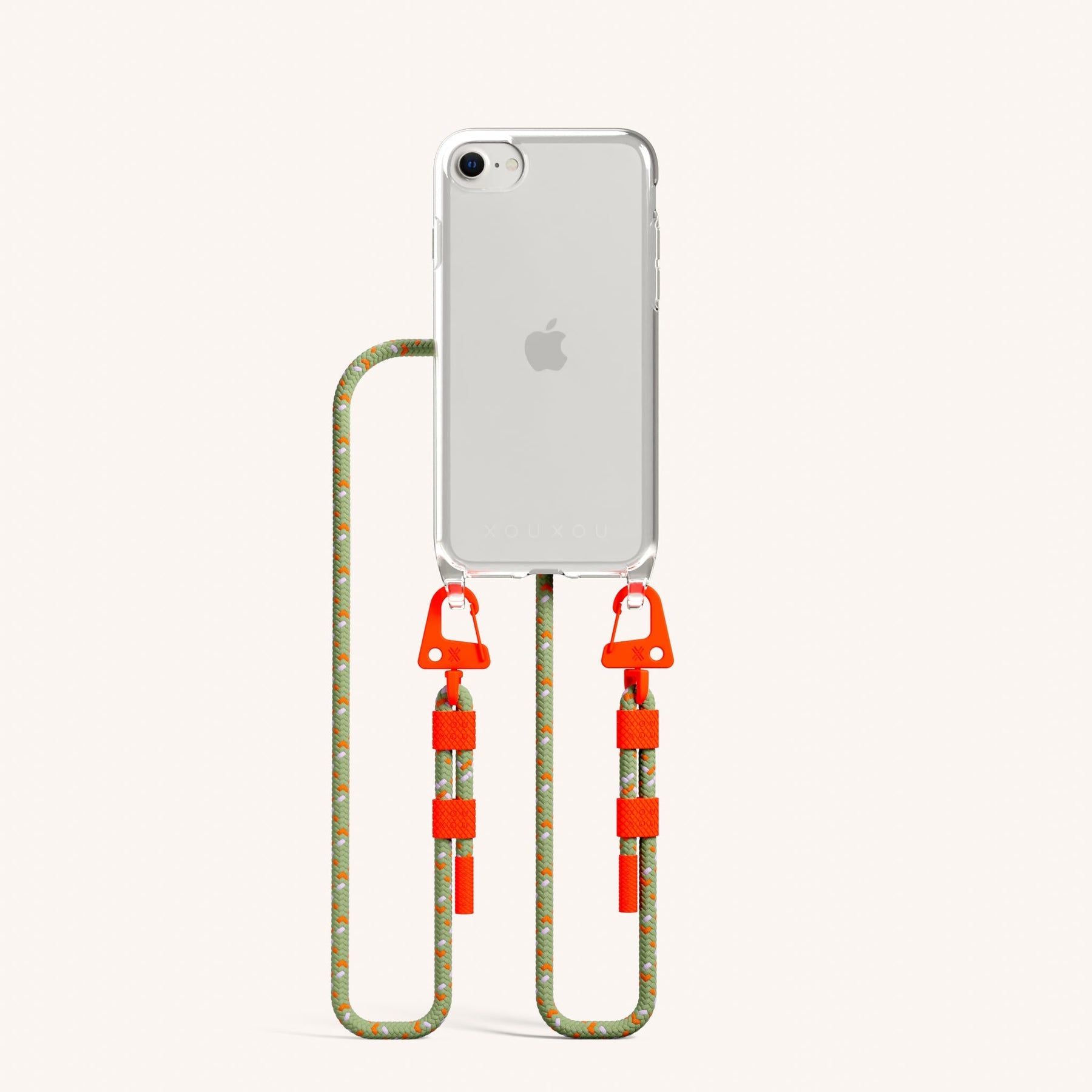 Phone Necklace with Carabiner Rope in Clear + Orange Camouflage