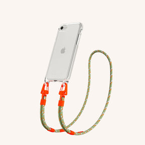 Phone Necklace with Carabiner Rope in Clear + Orange Camouflage