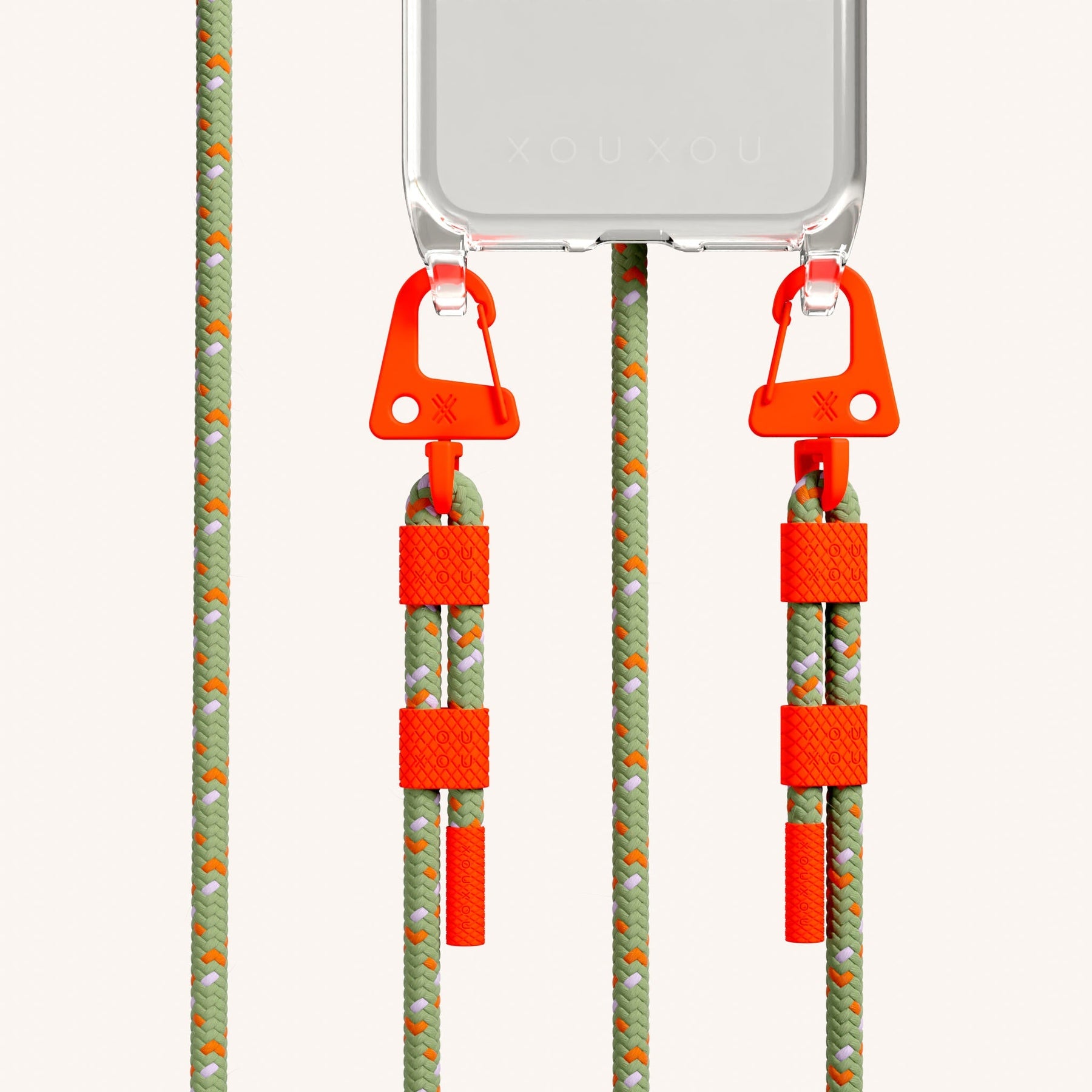 Phone Necklace with Carabiner Rope in Clear + Orange Camouflage