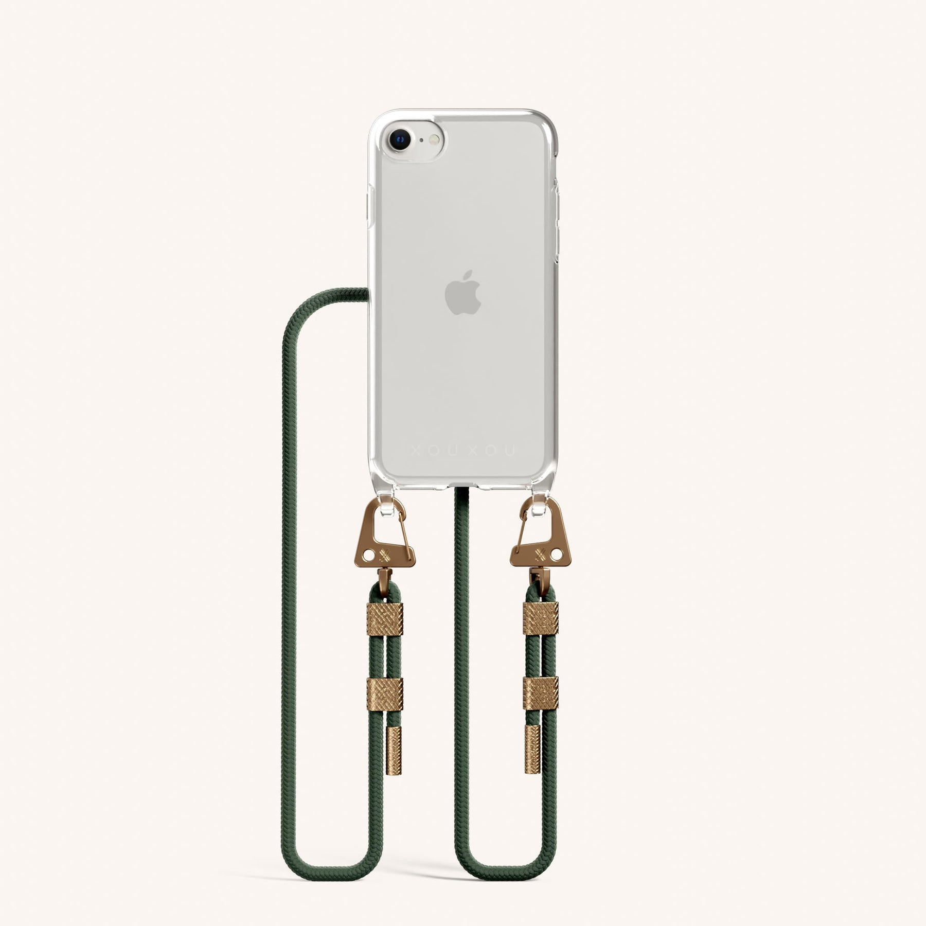 Phone Necklace with Carabiner Rope in Clear + Sage