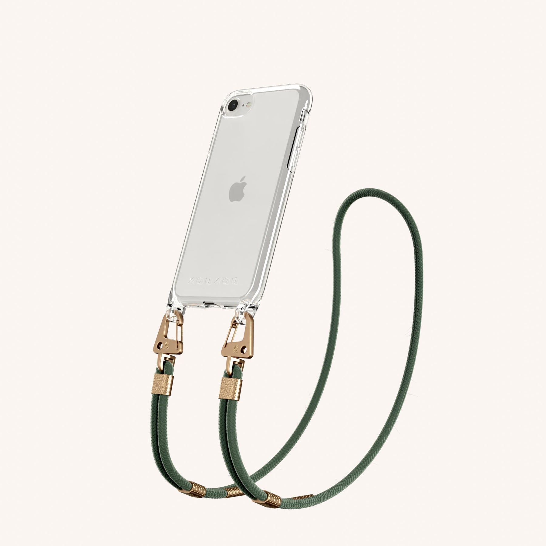 Phone Necklace with Carabiner Rope in Clear + Sage