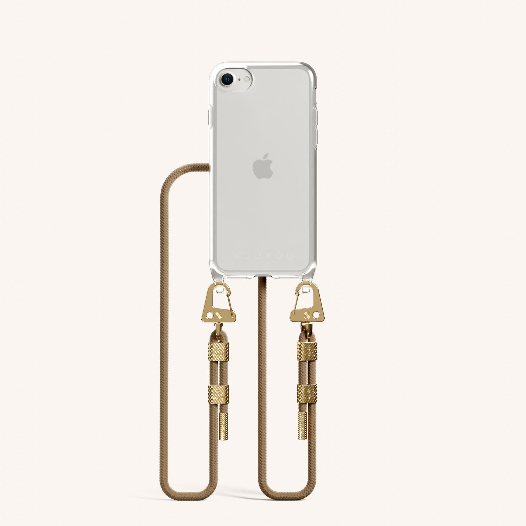 Phone Necklace with Carabiner Rope in Clear + Taupe