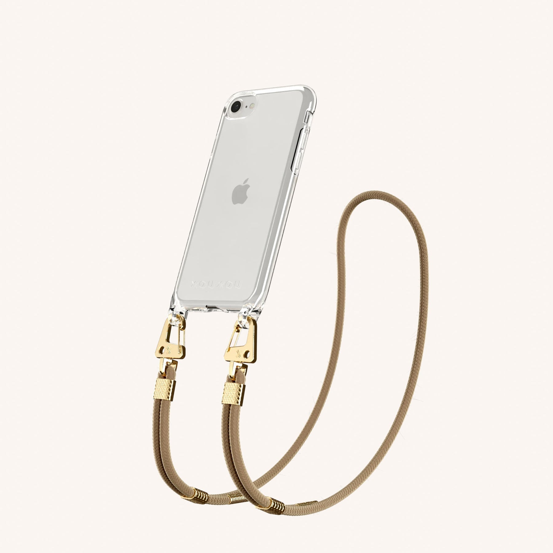 Phone Necklace with Carabiner Rope in Clear + Taupe