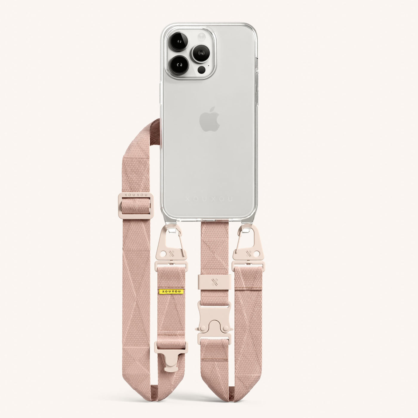 Clear Phone Necklace with Lanyard for iPhone 14 Pro Max without MagSafe in Clear + Powder Pink Total View | XOUXOU #phone model_iphone 14 pro max