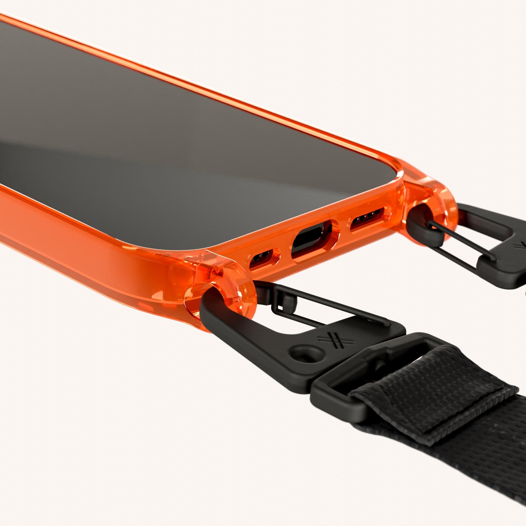 Phone Necklace with Lanyard in Neon Orange Clear + Black