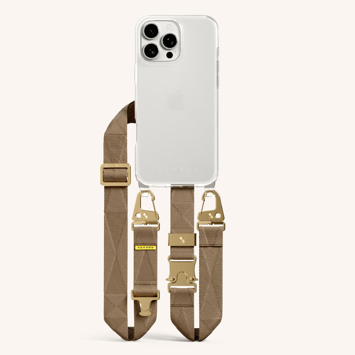 Phone Necklace with Lanyard for iPhone 16 Pro Max without MagSafe in Clear and Taupe Total View | XOUXOU #phone model_iphone 16 pro max