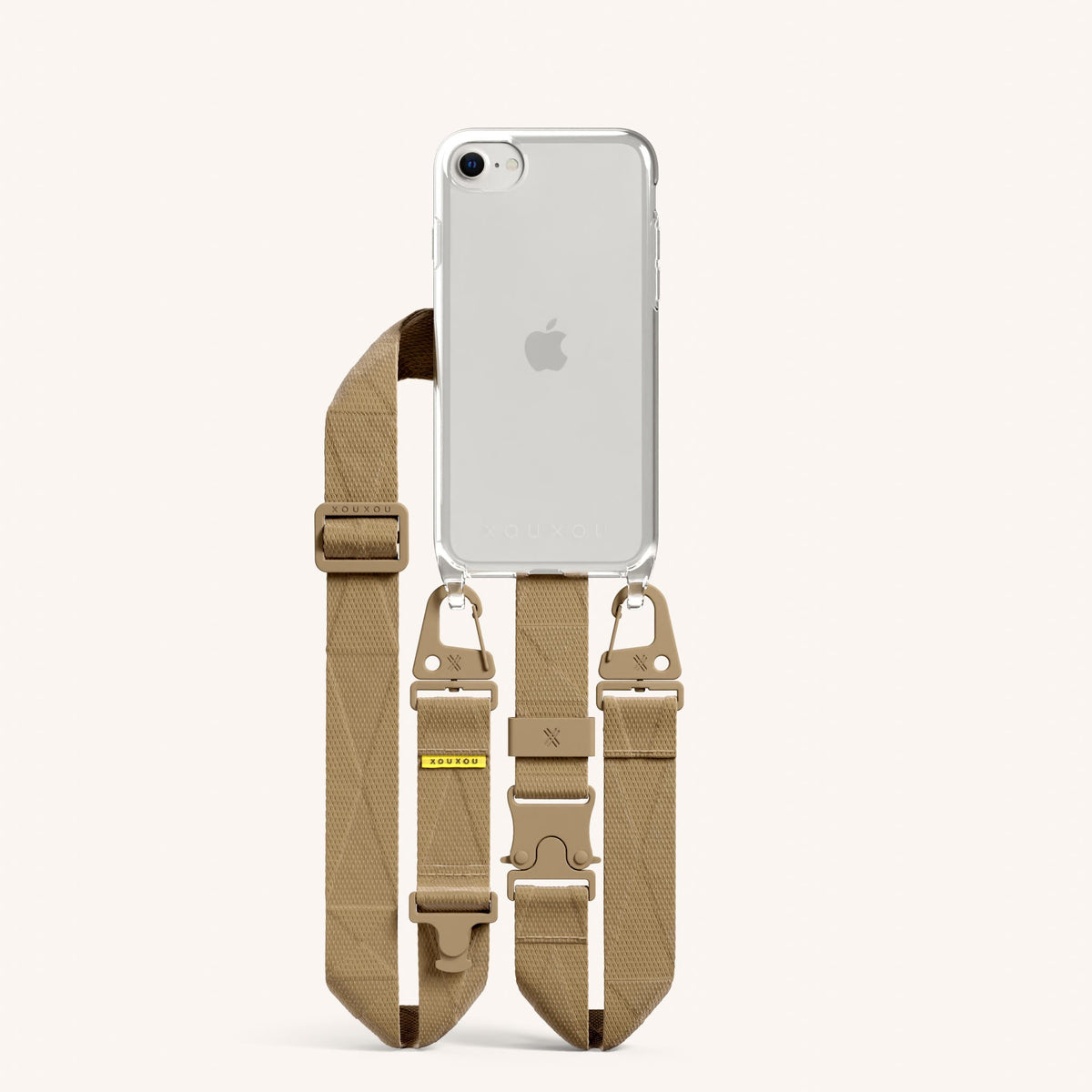 Phone Necklace with Lanyard for iPhone 7 without MagSafe in Clear and Sand Total View | XOUXOU #phone model_iphone 7