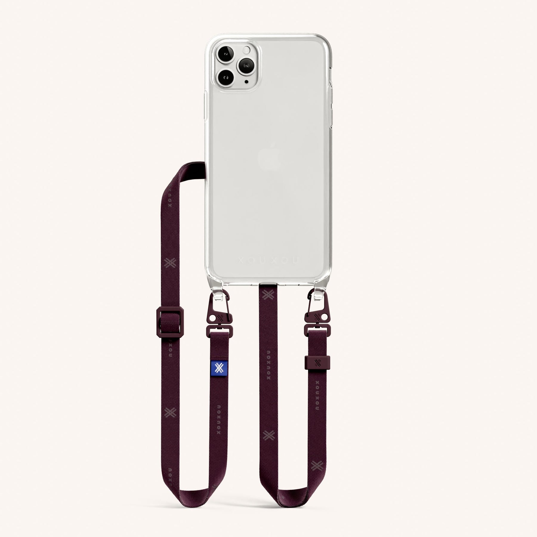 Phone Necklace with Slim Lanyard in Clear + Burgundy