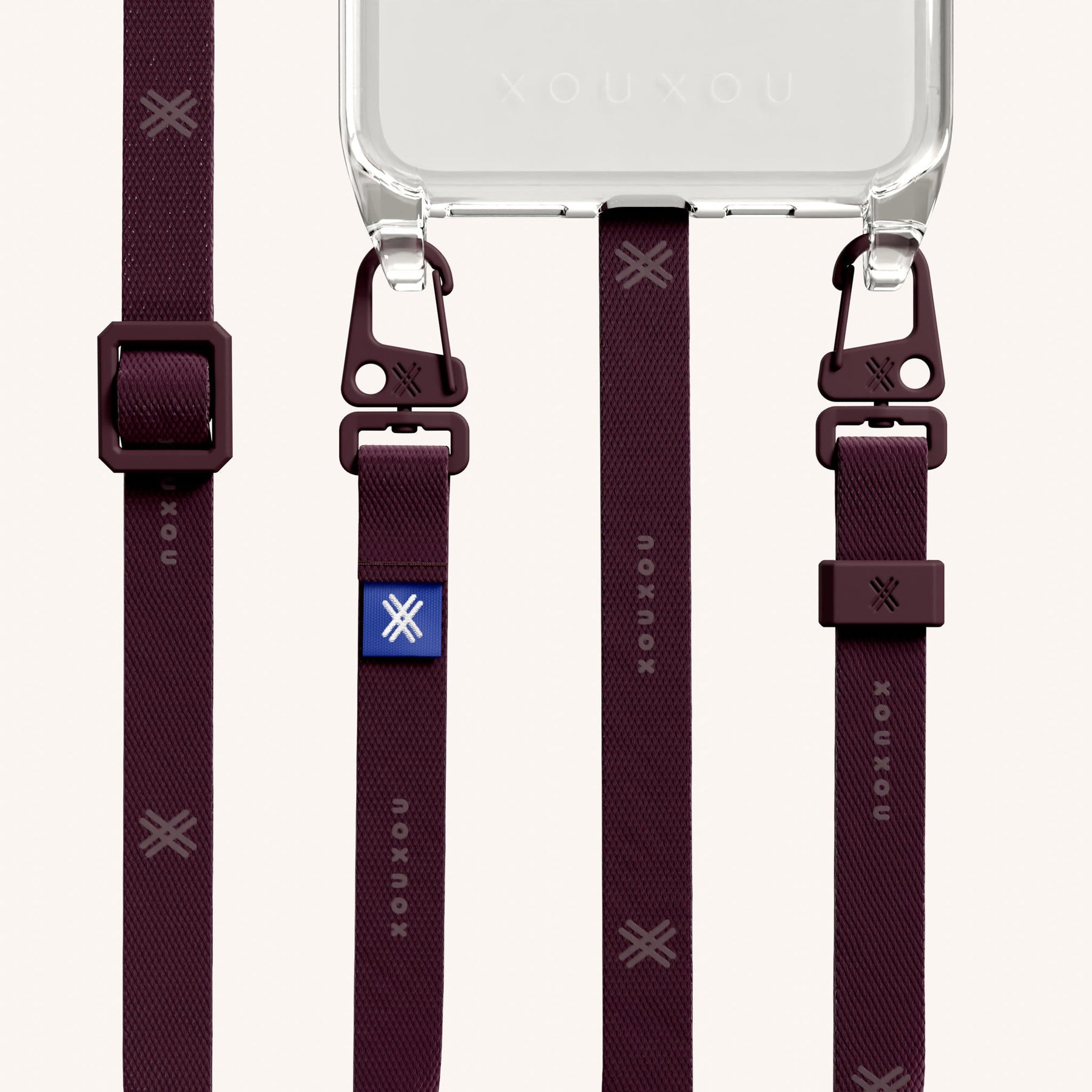 Phone Necklace with Slim Lanyard in Clear + Burgundy