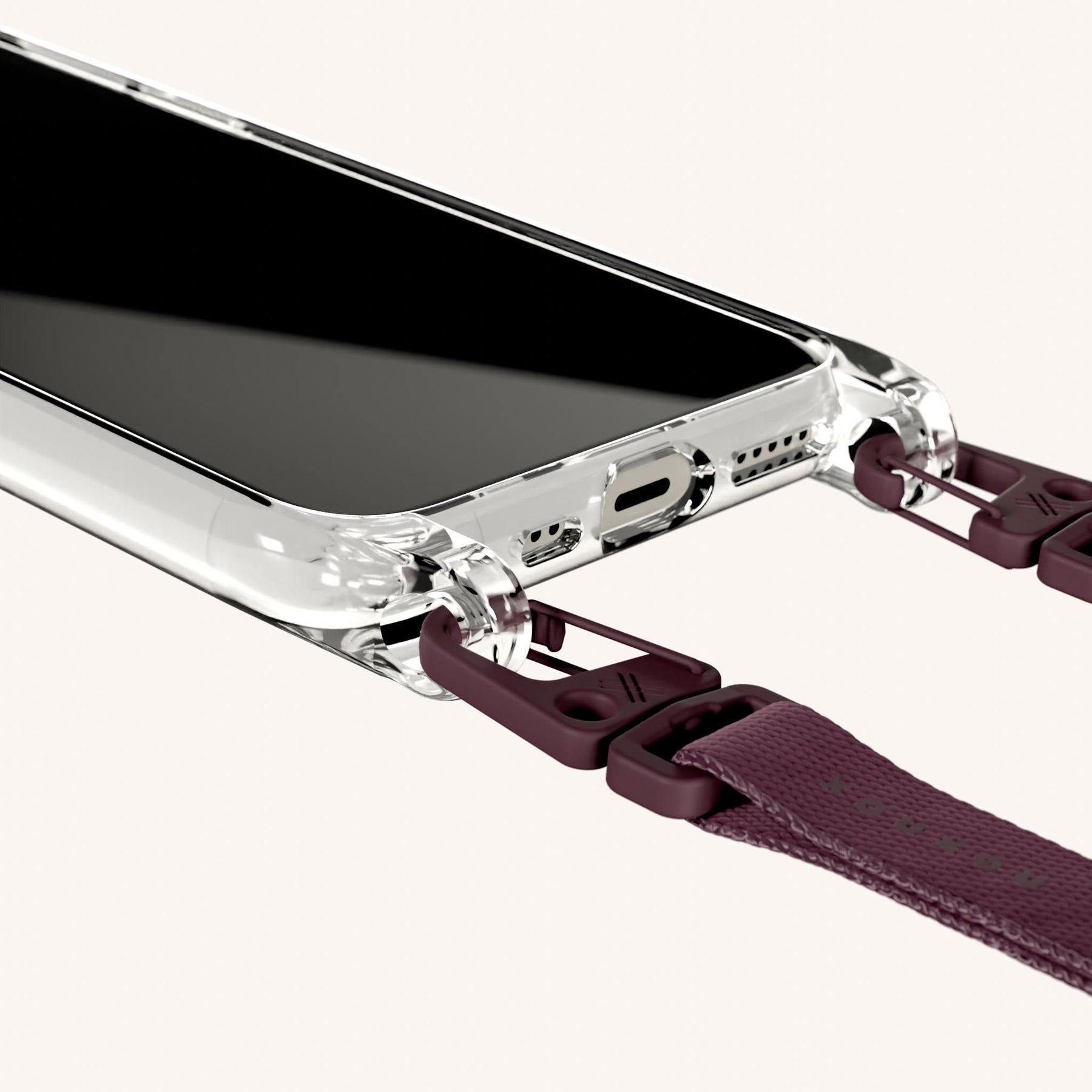 Phone Necklace with Slim Lanyard in Clear + Burgundy