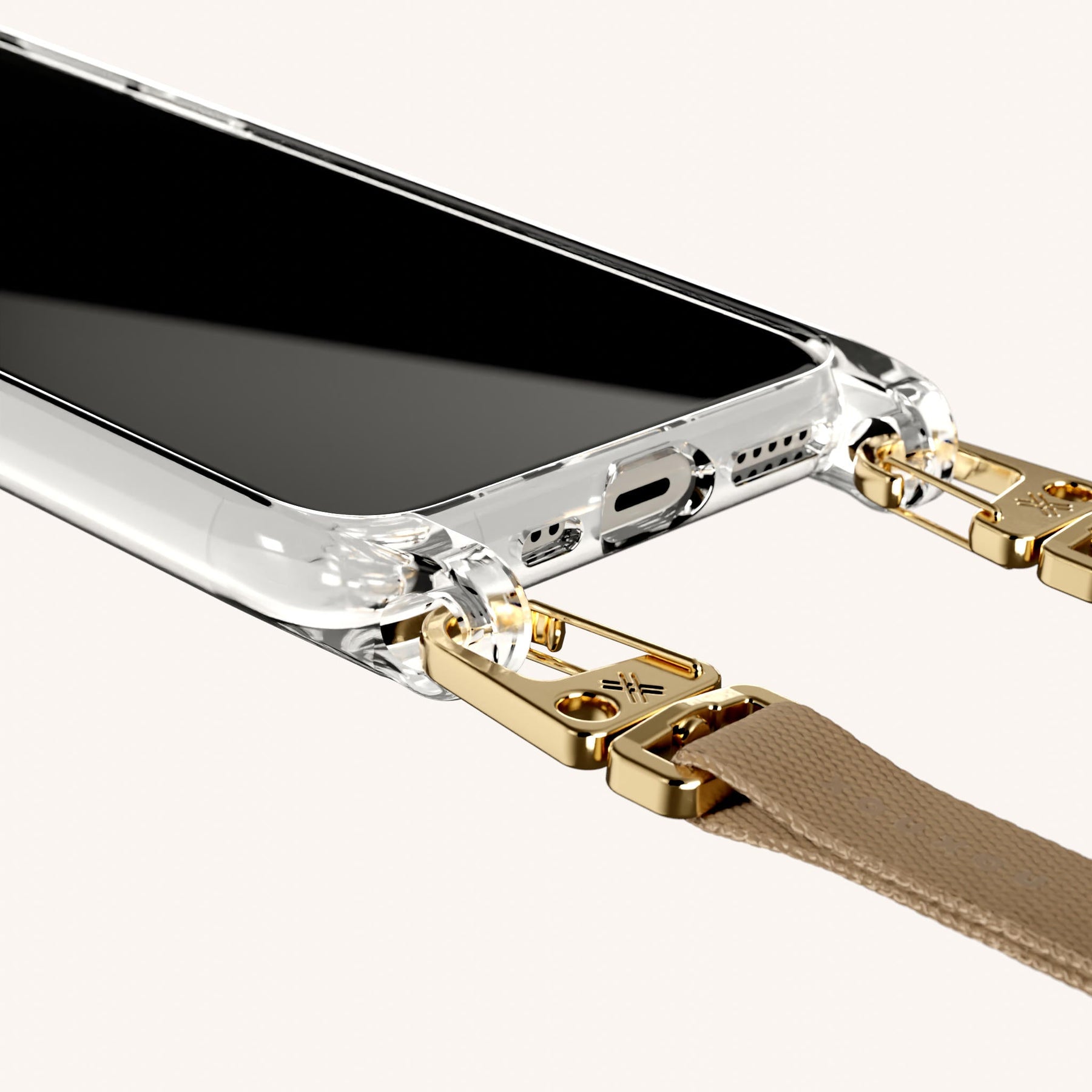 Phone Necklace with Slim Lanyard in Clear + Taupe