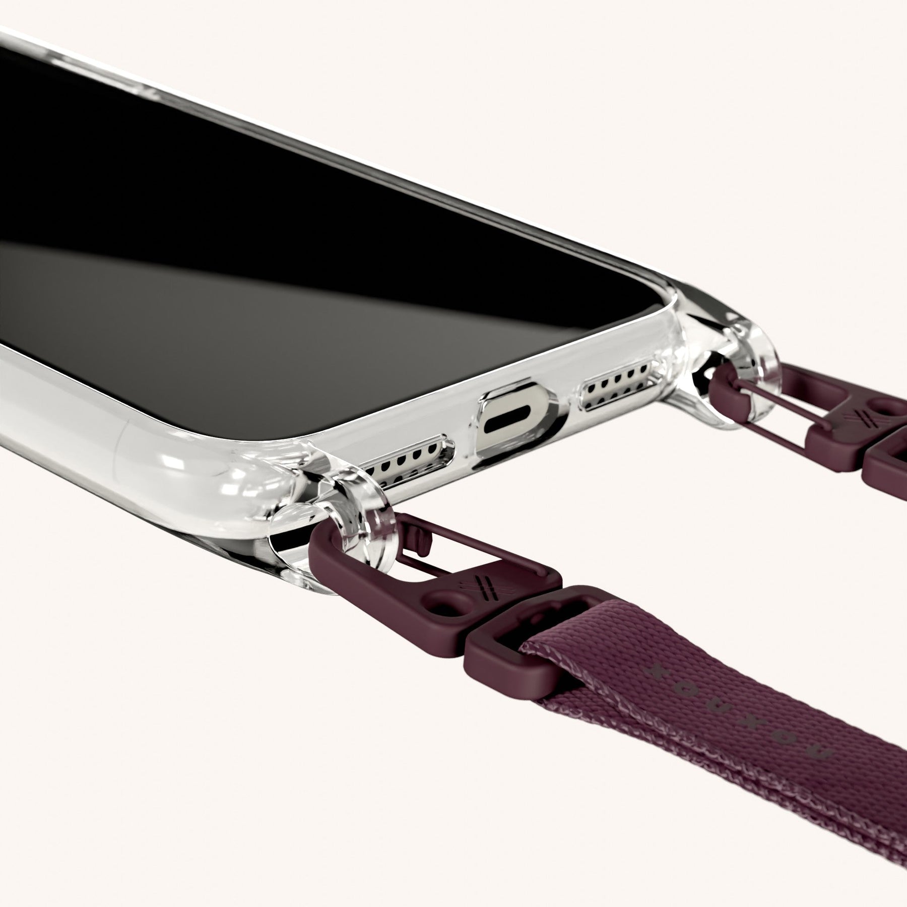 Phone Necklace with Slim Lanyard in Clear + Burgundy