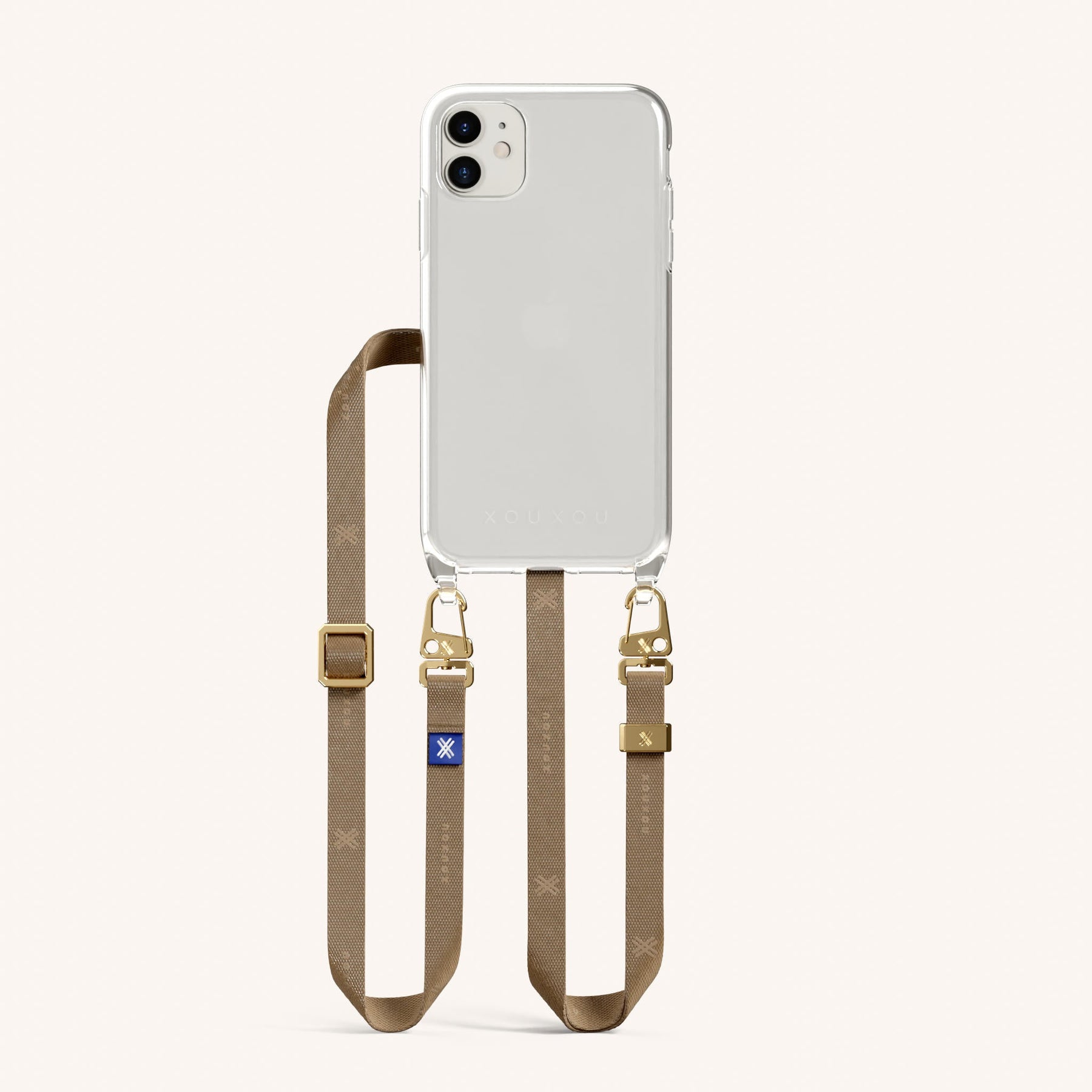 Phone Necklace with Slim Lanyard in Clear + Taupe
