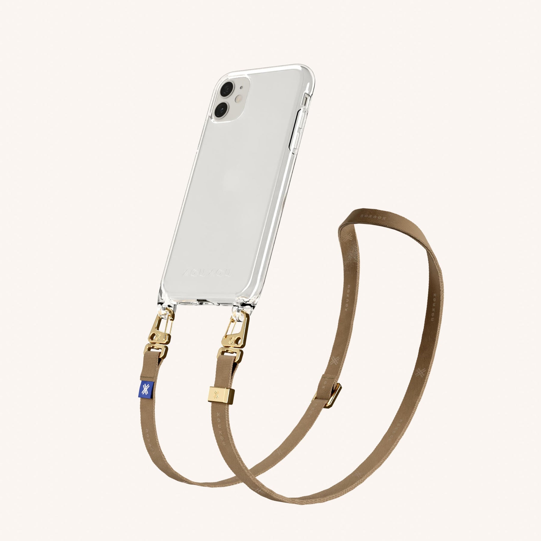 Phone Necklace with Slim Lanyard in Clear + Taupe