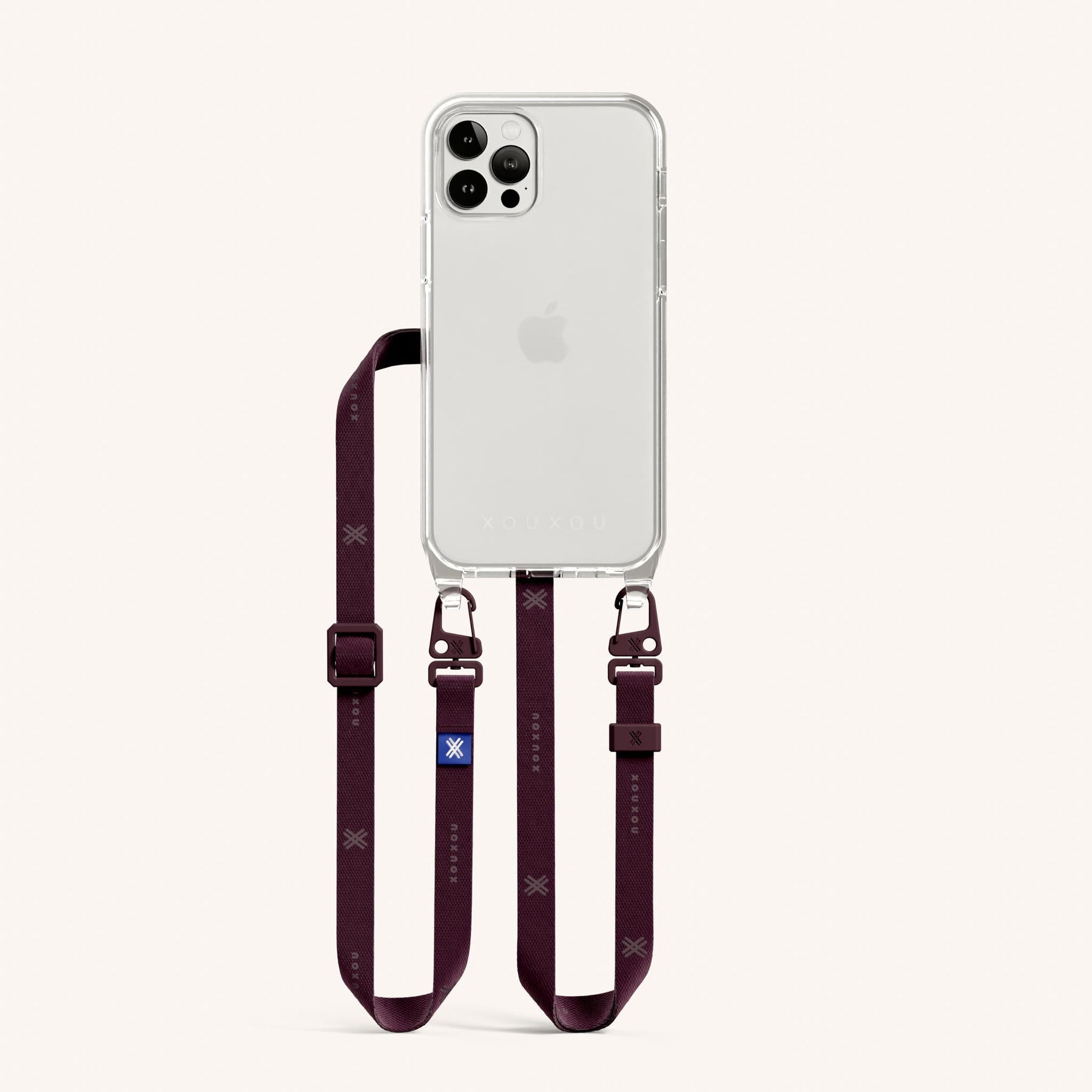 Phone Necklace with Slim Lanyard in Clear + Burgundy