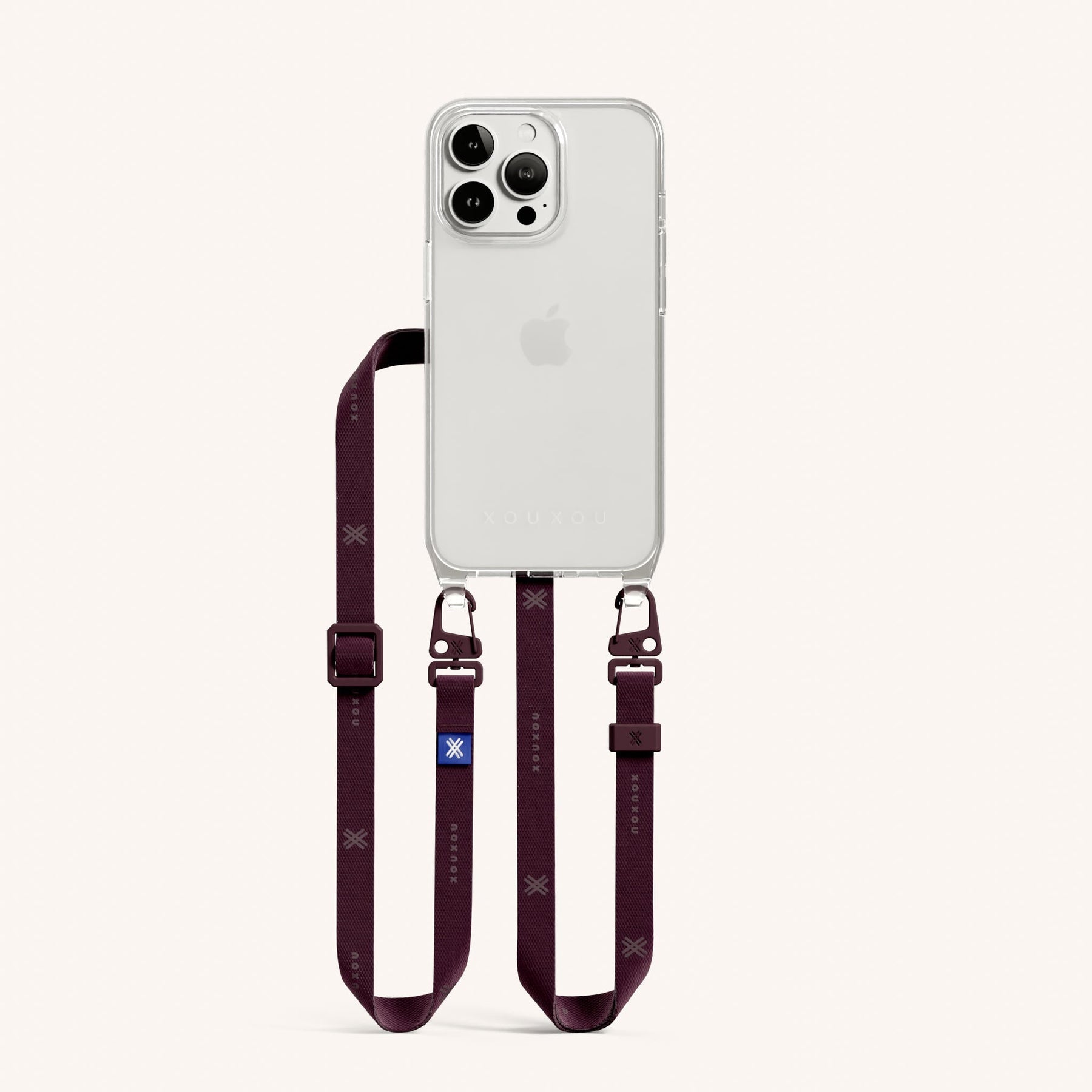 Phone Necklace with Slim Lanyard in Clear + Burgundy