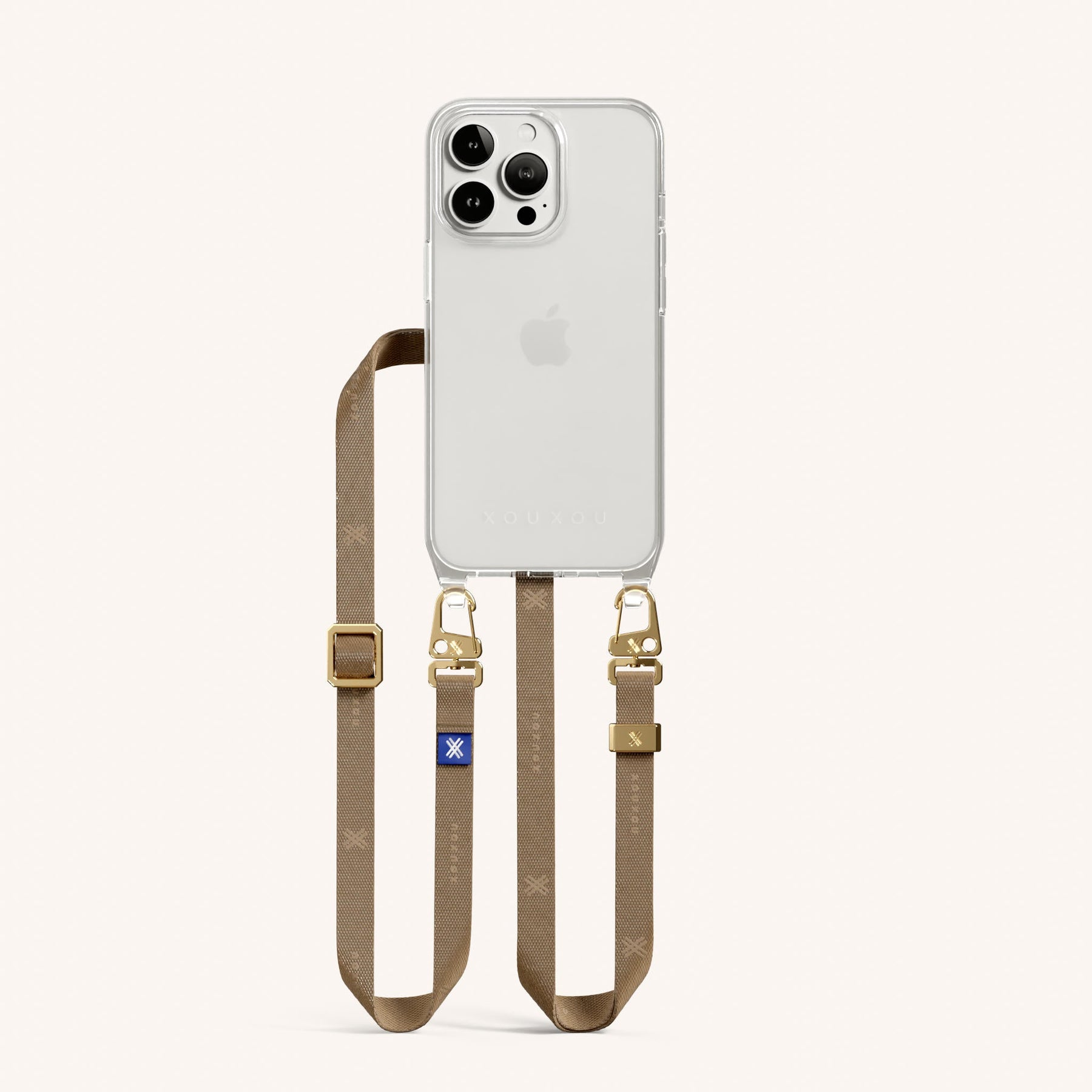 Phone Necklace with Slim Lanyard in Clear + Taupe